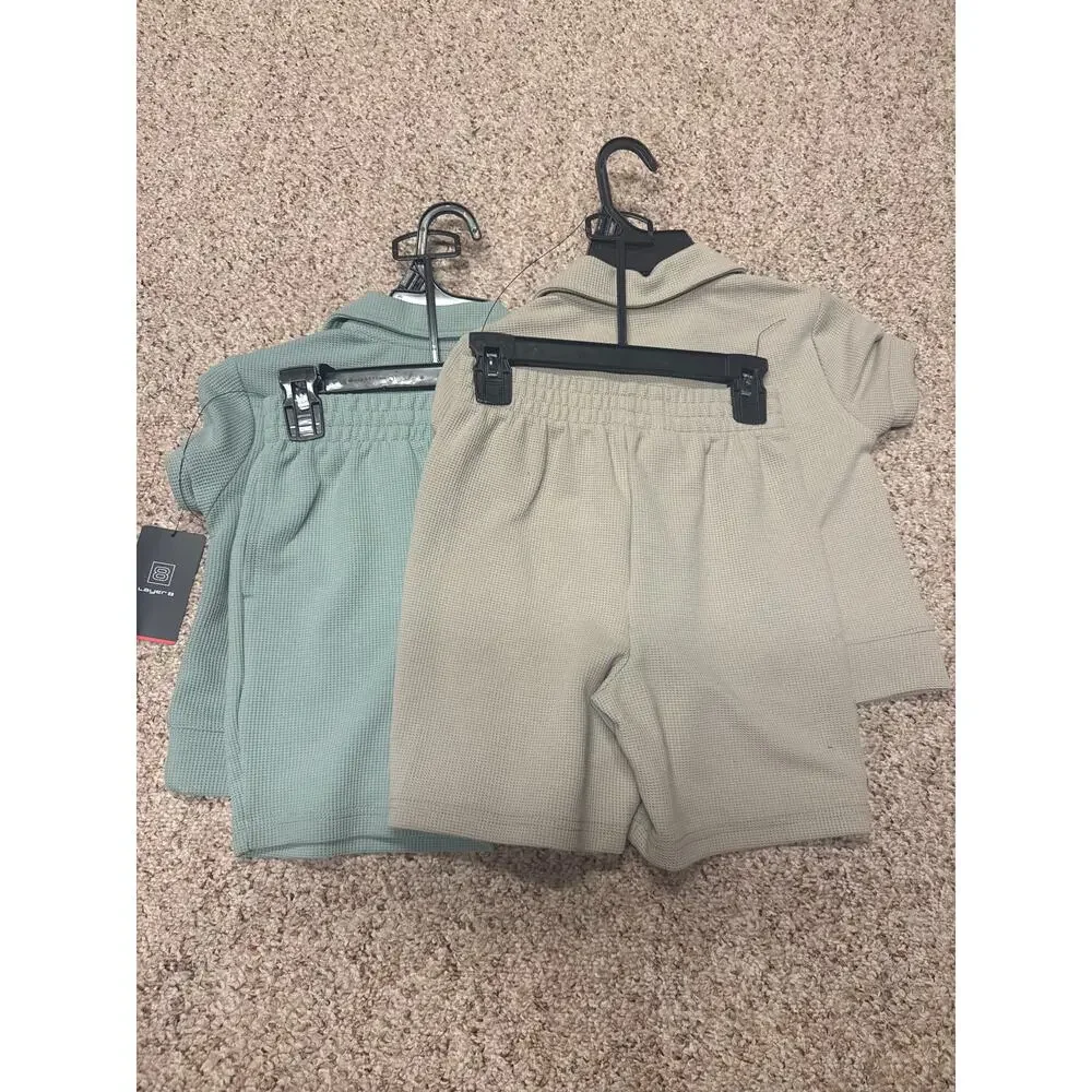 Kids 5/6 outfits : shorts + short drove shirt; khaki + blue green
